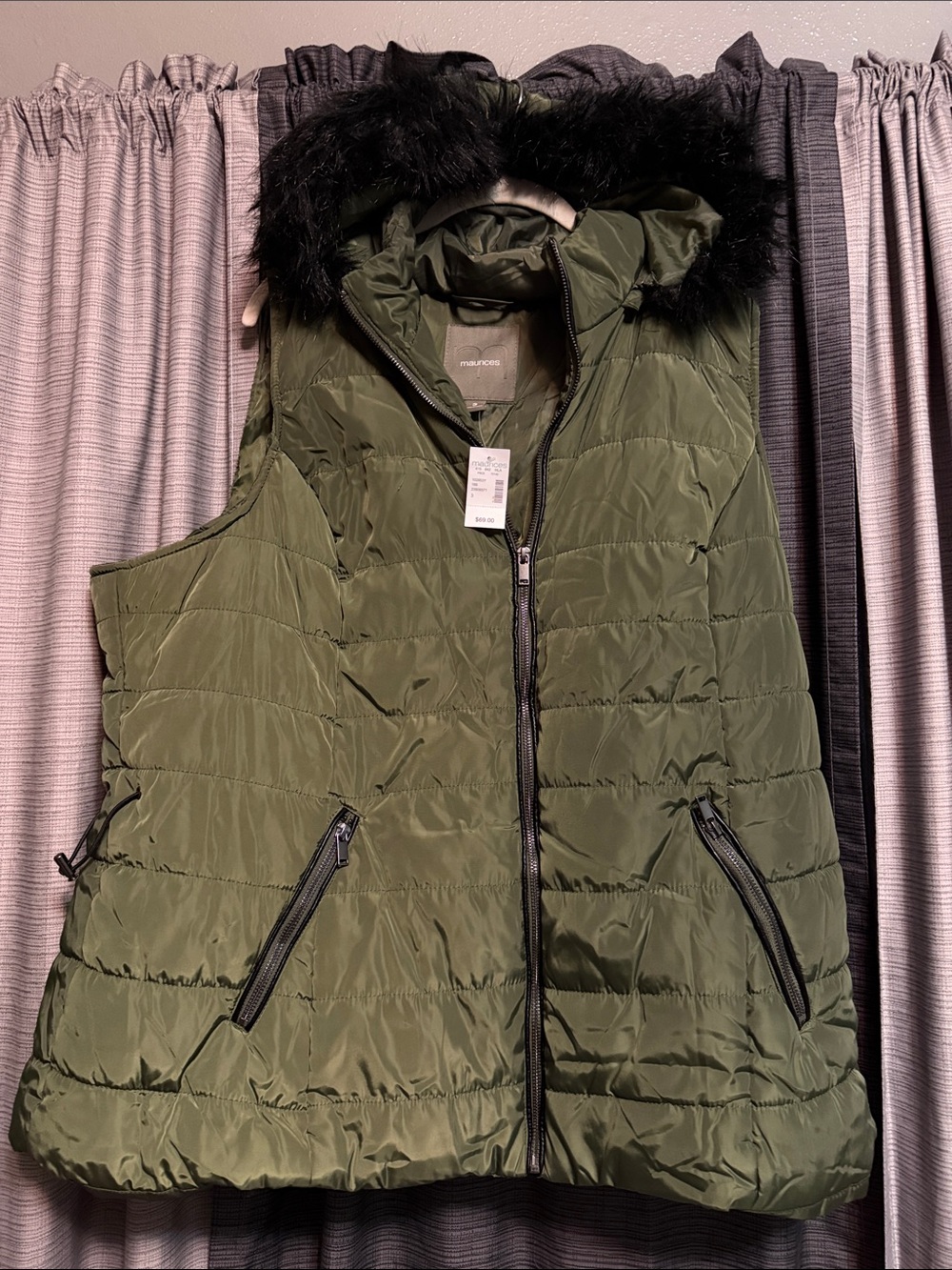 Maurices Olive Quilted Hooded Puffer Vest with Faux Fur Trim